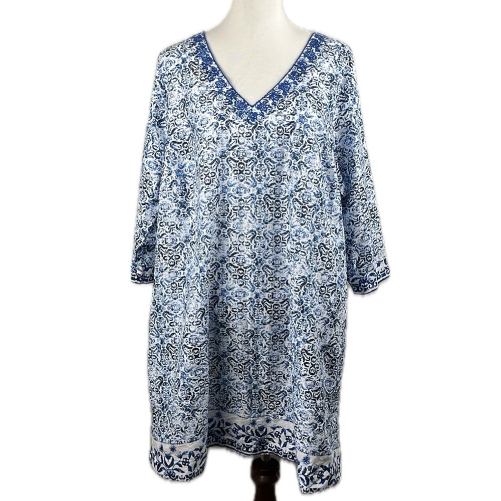 Lands End Embroidered V-neck Blue Print Tunic Coverup Dress 1X Coastal Vacation